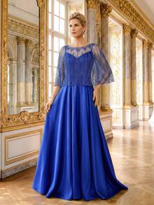 Đầm dạ hội dáng chữ A hai dây kèm khăn choàng lưới đính sequin và hạt cườm. - Màu xanh lam - Xem 1