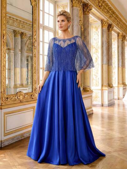 吊带A字型正式晚礼服，配串珠亮片网纱披肩