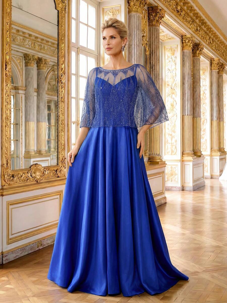 Đầm dạ hội dáng chữ A hai dây kèm khăn choàng lưới đính sequin và hạt cườm. - Màu xanh lam - Xem 1