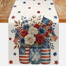 1pc Patriotic American Flag Mason Jar Floral Tabletop Flag, 4th Of July Independence Day Desktop Decor, Red White Blue Star Table Cloth Suitable For Dining Room, American Style Home Decor - Multicolor - View 8