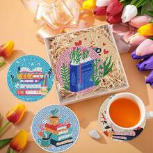 8件套书形钻石画杯垫套装，圆润高亮钻石表面，粘性强，工具齐全，适合初学者，减压手工，新年、情人节、圣诞节、教师节礼物，家居装饰杯垫，送给家人、朋友、女朋友、老师 - 彩色 - 查看 5