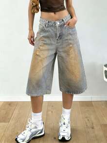 Quần lửng nữ dáng rộng thoải mái, rách rưới, nhuộm tie-dye và có túi, phong cách thời trang đường phố Y2K, thích hợp cho mùa xuân/hè. - Màu vàng - Xem 3