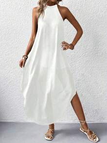 Women's Solid Color Halter Neck Casual Vacation Dress Party White Summer Elegant - White - View 3