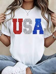 Glitter Usa Patriotic T Shirt Red White And Blue Sparkle Print For Independence Day Celebration Party WearBreathable Cotton Tee, All Match - 白色 - 查看 1
