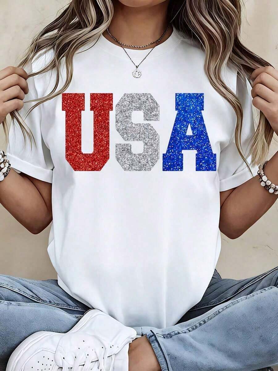 Glitter Usa Patriotic T Shirt Red White And Blue Sparkle Print For Independence Day Celebration Party WearBreathable Cotton Tee, All Match - 白色 - 查看 1