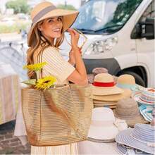 1 chiếc túi tote gấp gọn dành cho nữ, màu be, nâu, hồng, đen, xanh dương, kiểu dáng tối giản, thích hợp cho kỳ nghỉ biển, du lịch và nghỉ dưỡng. - Xem 4