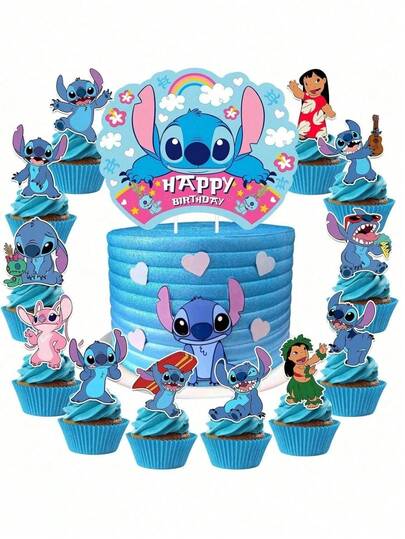 Stitch Cake Topper Set, Blue Theme Birthday Cake Decorations, Cupcake Toppers