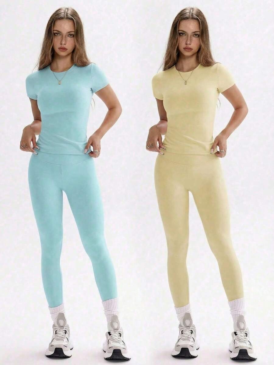 FWH Áo croptop màu trơn dễ thương, áo khoác ôm sát cổ tròn co giãn, áo khoác thường ngày thời trang ngọt ngào, bộ đồ thể thao 2 mảnh eo cao ôm sát, che khuyết điểm vòng bụng, giúp kéo dài chân, nâng mông, thích hợp mặc hàng ngày khi tập nhảy, chạy bộ, yoga, thể thao. - Nhiều màu - Xem 1