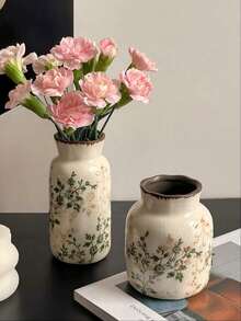 1pc/3pcs Handmade Vintage Garden Style Ceramic Vase, Crackle Glaze Design, White Base With Green Floral Pattern, Suitable For Indoor, Living Room, Kitchen, Tabletop, Windowsill, Dining Table Decor, Can Hold Fresh/Dried Flowers, Ideal Gift For Boyfriend/Girlfriend, Graduation, Ramadan, Holidays, Ramadan Decoration, Ramadan Blessings - Multicolor - View 3