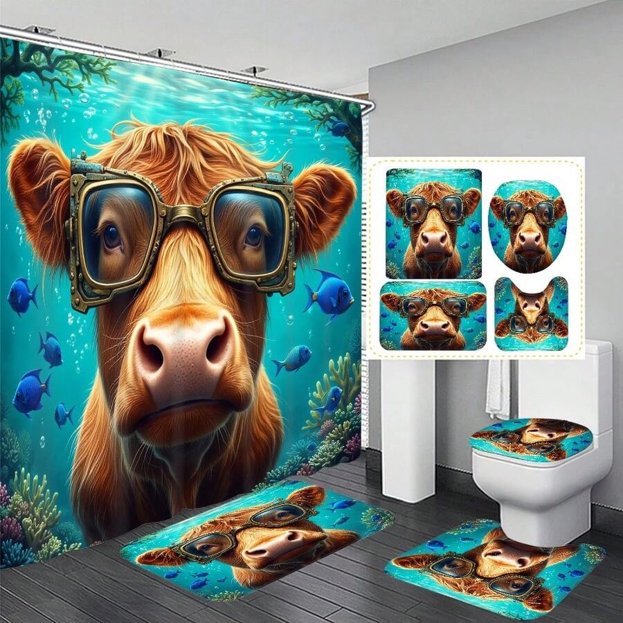 1 pieza/4 piezas Conjunto de cortina de ducha decorativa para el baño con estampado de yak para buceo, incluye 12 ganchos gratis, crea un ambiente elegante de vacaciones, alfombra de baño, alfombra en forma de U para el piso y alfombra redonda para el inodoro, adecuado para todo tipo de escenarios en el baño - Ganado de las tierras altas buceando - Ver 1