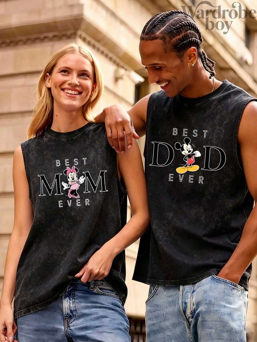 Disney 1PC Washed Cotton Couple's Short Sleeved Printed Vest, Cartoon Couple Pattern Printed Vest, Suitable For Both Men And Women, High-Quality Pure Cotton Vest, Suitable For All Seasons, Comfortable And Breathable | Exquisite Design | The Best Choice For Gift Giving - Người đàn ông - Xem 1