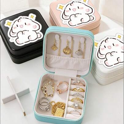 1个首饰盒，迷你首饰收纳盒，拉链首饰盒，便携式首饰盒，皮革首饰整理盒，化妆品收纳盒，旅行配件，旅行必备，适用于戒指、项链、手镯、耳环，女士礼物，节日礼物，房间装饰（不含贴纸）