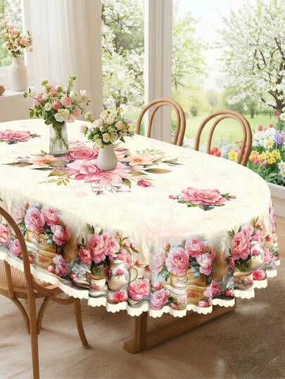 1 pieza Mantel redondo y rectangular blanco con estampado floral de rosa rosa romántico, estilo de tetera de porcelana vintage, de poliéster premium, impermeable, resistente a las manchas, al aceite y al polvo, lavable y reutilizable para decoración del hogar, cocina, boda, mesa de boda, centro de mesa, decoración de habitación, decoración vintage
