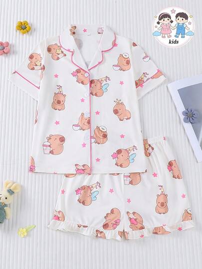 2pcs Kids Cartoon Pig Pajama Set, Summer New Turndown Collar Short Sleeve Cardigan And Ruffle Hem Shorts, Cute Capybara And Pink Star Print, Casual Comfortable Washable Outfit For Children, Suitable For Daily Wear, Party, Vacation And Home
