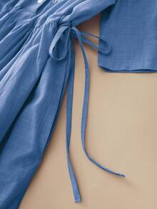 Women's Loose Waist Drawstring Vintage Embroidered Vacation Dress, Spring/Summer Elegant - Dusty Blue - View 8