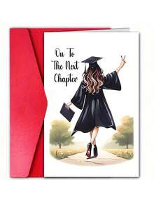 A High-Quality Greeting Card Made Of Cardstock, Featuring A Cute Graduation Cap And Diploma Design, With An Envelope. The Inside Includes The Message "Onto A New Chapter" - A Perfect Card To Give To Friends And Family. - Multicolor - View 1