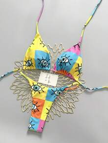 Geometric & Tropical Floral Print Casual Cute Elegant Sexy Bohemian Style Tie-Front Bikini Swimwear Set , Beach Holiday, Spring/Summer Vacation - Multicolor - View 3