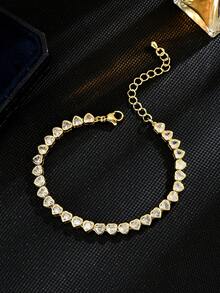 1pc Luxurious Copper Zirconia Inlaid Heart-Shaped Link Tennis Bracelet With Fashion For Women - 心型款 - 查看 8