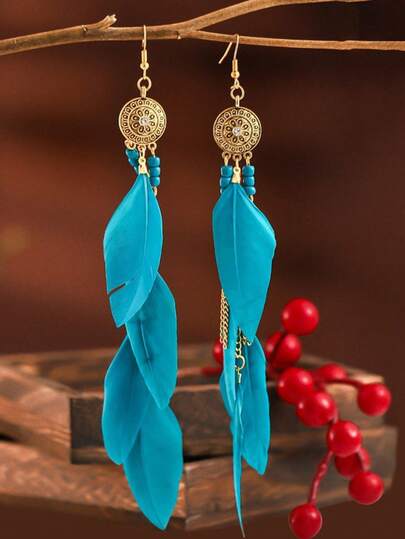 复古天然羽毛长款波西米亚风耳环，送给朋友和女朋友的礼物