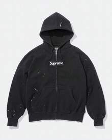 Supreme Style Box Logo Distressed Zip Up Hoodie, Men's Oversized Painted Hooded Sweatshirt With Kangaroo Pocket - Black - View 1