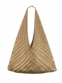 Dedoo French Style Large Opening Dumpling Shaped Crochet Bag, Presenting A Hollow V-Shaped (Herringbone) Rhombus Grid Pattern. Minimalist Vacation Style Handbag, Suitable For Summer Beach Trips, Daily Commute, Shopping And Dates. - Maroon - View 4