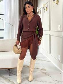 Women's Set: Long-Sleeved Open Shirt And Short Fringe Skirt - Elegant Casual Beach Look - Summer Fashion - 鏽棕色 - 查看 3