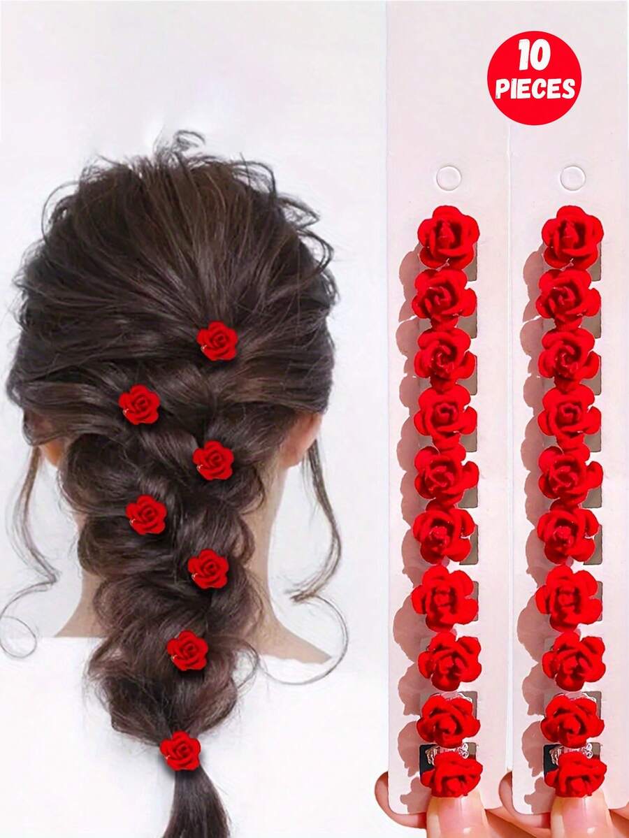 10pcs/Set Small Red Flower Hair Clips, Suitable As Gift For Girls, Daily Hair Accessories, Cute Hair Clips, Fashion Hair Decorations, Smooth Surface, Lightweight Hair Clips, Multi-Piece Hair Clips, Fashion Enthusiasts - Multicolor - View 1