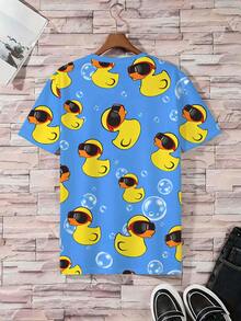 Plus Size Men's Pajama Set | Round Neck Short Sleeve Top And Elastic Waist Casual Shorts 2 Piece Set | Polyester Knit Fabric Soft And Breathable Loose Fit | Cute Bubble Duck Print Casual Design - Dusty Blue - View 3