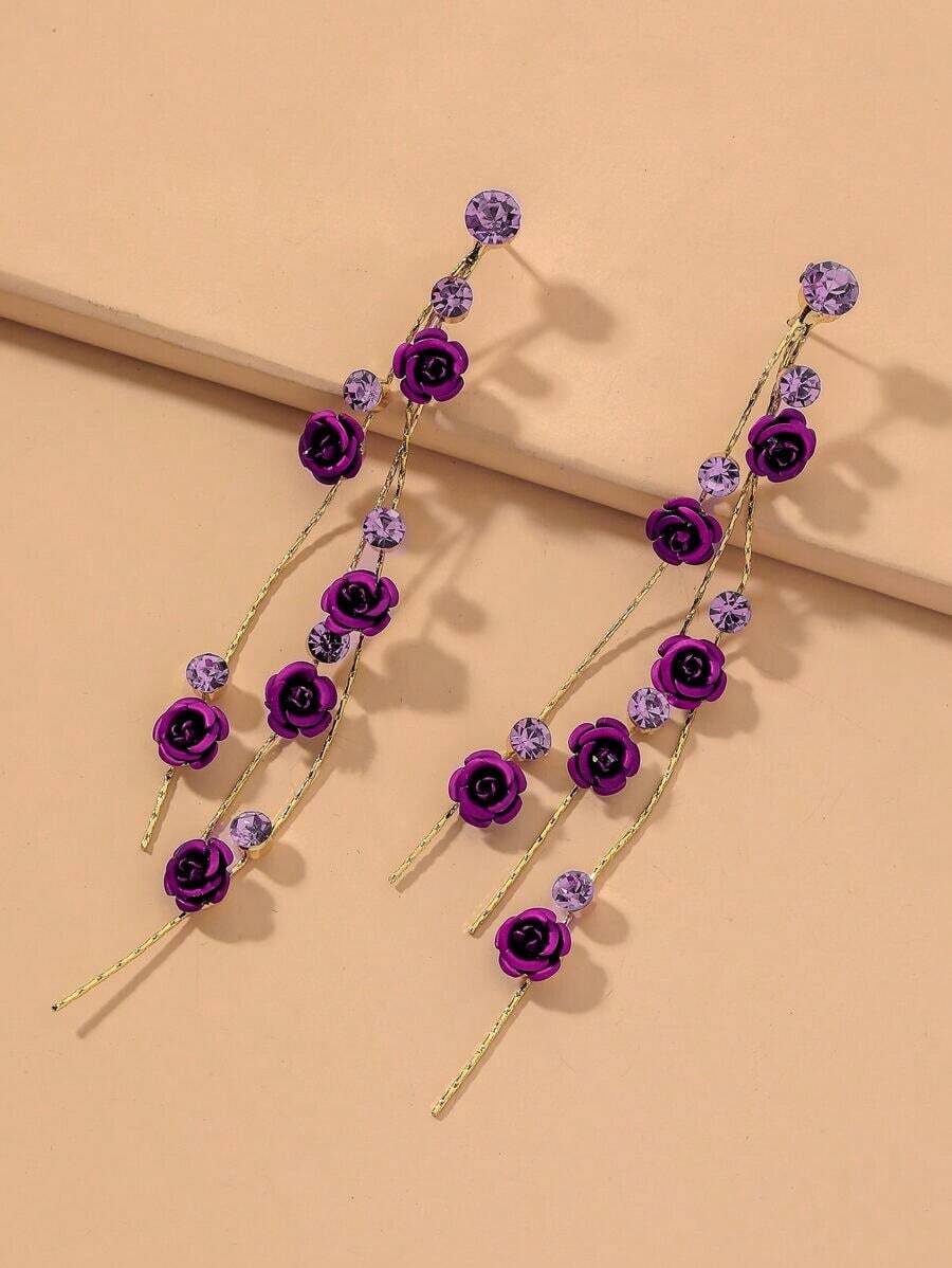 Andkiss Rhinestone Flower Drop Earrings Valentines - 紫色 - 查看 1