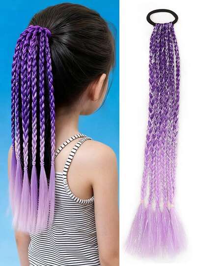 50厘米渐变色编织合成假发马尾辫，带松紧带，适合女孩，彩色橡皮筋编织马尾辫，采用节日化妆材料制成