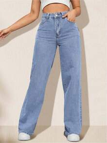 Jeans casuales de pierna recta y ajuste holgado para mujer con bolsillos, jeans rectos de moda, pierna ancha y talle alto para uso diario, cómodos elásticos y aptos para todas las estaciones - 2008 - Ver 2