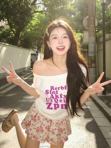 Purple Letter Print Asymmetrical Shoulder Short Sleeve T-Shirt For Women, Casual American Style Loose Fit Asymmetric Shoulder Top, Summer White - White - View 4