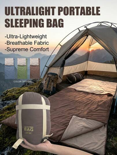 单人超轻便携徒步露营睡袋，轻便可折叠紧凑设计，拉链封口，适合春夏季节背包旅行，适合身材高挑的用户，可机洗，可连接成双人睡袋