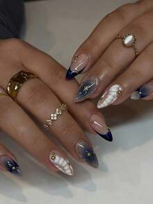24Pcs/Set French Almond Shape Tie Dye White Base False Nails With 3D Golden Flower & Bead Decor, Full Cover Nail Tips Ladies & Girls, Party, Date, Vacation Press On Nails Nail Supplies Nails - 多色 9 - 查看 8