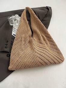 Dedoo French Style Large Opening Dumpling Shaped Crochet Bag, Presenting A Hollow V-Shaped (Herringbone) Rhombus Grid Pattern. Minimalist Vacation Style Handbag, Suitable For Summer Beach Trips, Daily Commute, Shopping And Dates. - Maroon - View 5