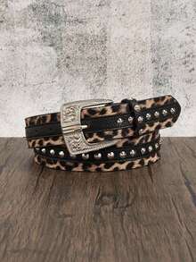 1pc Y2K Fashion Rhinestone Eagle Buckle Rivet Edge Men's S Belt, Versatile For Daily Wear Casual, Business, Boyfriend Husband Father Dad Men Gift, Daily Wear, Fashion, Teen, Outdoor, Vacation, Athletic, Travel, Street, Boho, Vintage Fall, Autumn, Halloween Autumn-Winter Accessories,Suitable For Teens, Youth,Men,Casual, Outdoor, Athletic, Vacation, Graduation Gifts, Birthday, Daily Wear VGAG - 豹紋橙色拼接 - 查看 5