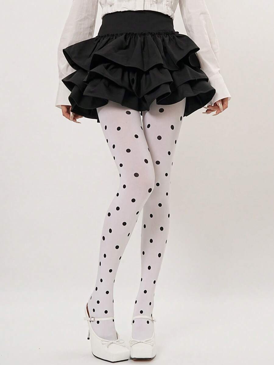 1双女士80D奶牛纹连裤袜，天鹅绒白色波点紧身裤，纯正学院风，适合可爱女孩装扮 - 彩色 - 查看 1