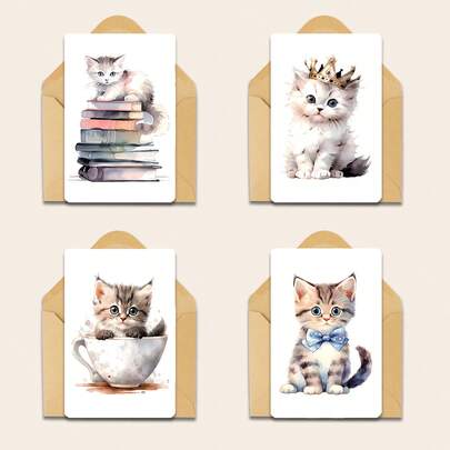 4pcs Cute Cat Birthday Greeting Cards With Envelopes, Watercolor Kitten Assorted Designs For All Occasions, Blank Inside