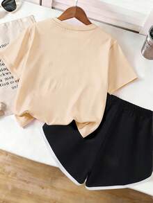 1 Set Butterfly Print Round Neck T-Shirt & Shorts Outfit For Tween GirlsComfortable Minimalist Design, Suitable For Spring & Summer - Multicolor - View 3