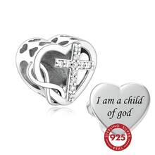 HuooNew 1 pièce Pendentif en forme de cœur et de croix "Je suis l'enfant de Dieu" en argent sterling 925, incrusté de perles religieuses en CZ. Convient pour bracelet, cadeau de foi chrétienne pour femmes, adapté pour le baptême/la confirmation, bijoux avec verset biblique - Argent - Voir 1
