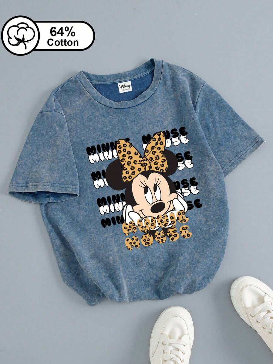 Disney 迪士尼女士T恤，豹纹米妮印花，复古雪花水洗短袖T恤，适合户外穿着，女士夏季上衣。休闲款 - 藍色 - 查看 1