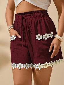 Women's Shorts, Commuting, Gatherings And Dates, Casual Occasions, Pockets And Floral Lace Trim, Loose Casual Summer Shorts, Wide Leg Shorts Vacation - Burgundy - View 6