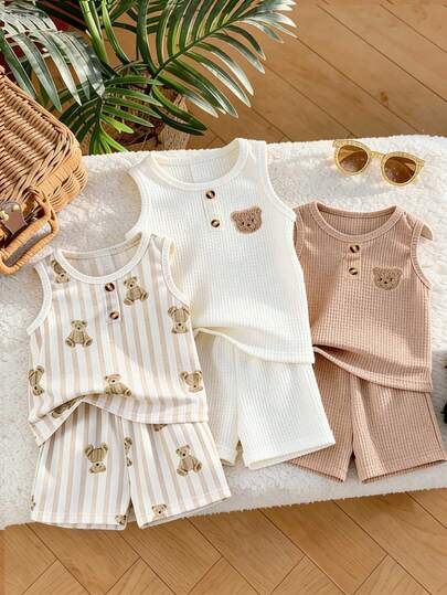 Bhchntiy Set de 6 piezas de ropa de verano para bebé niño recién nacido, con chaleco de cuello redondo y pantalones cortos en colores lisos, a rayas y con estampado de oso, en un estilo casual y de moda
