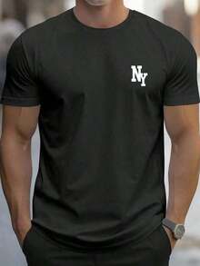 GiftCamiseta de manga corta de verano casual con cuello redondo y estampado de letras para hombre AE52Soft - Negro - Ver 1