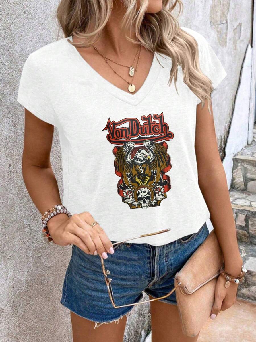 Women's Casual Summer V-Neck Vest | Von D Eagle Skull Design | Perfect For Daily Wear, Outdoor Leisure, Loungewear, Back-To-School Season, Mother's Day & More Summer Occasions | Daily Gift. - 白色 - 查看 1