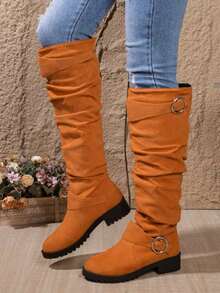 Women's Simple Solid-Color Pleated Round-Toe Chunky Heel Knee-High Boots, European And American Style For Autumn And Winter. Black Suede Platform High-Heeled Tall Boots, Fashionable And Versatile, Suitable For Daily Wear, Parties, Work, Holidays And Other Occasions. - 橘色 - 查看 3