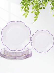 10个/20个/30个装，9英寸和7英寸花卉图案白色纸盘，薰衣草色波浪边，适用于婚礼、新娘送礼会、生日、下午茶会和野餐。 - 白底紫邊 - 查看 1