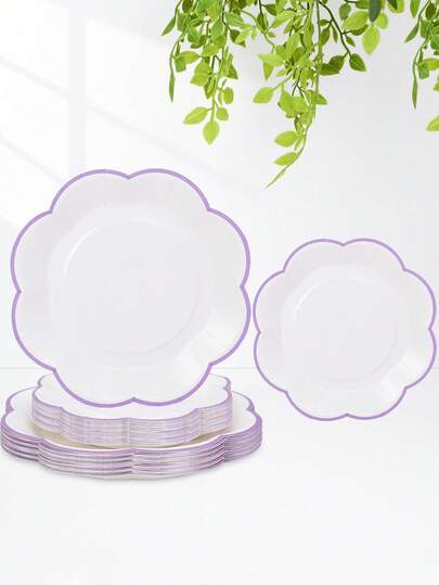10pcs/20pcs/30pcs 9 Inch & 7 Inch Flower Shaped Paper Plates, White With Lavender Purple Scalloped Edge, Disposable Floral Dessert Dinner Plates For Wedding, Bridal Shower, Baby-Shower, Birthday Party, Tea Party & Picnic Men Women