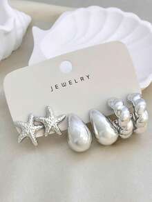 6pcs-18pcs Silver Ocean Elements Earring Set, Essential Summer Vacation, Party & Outing Accessory - Silver - View 9