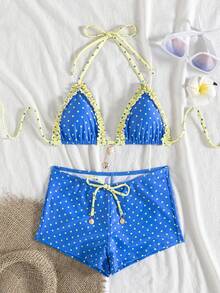 wohenmeili Conjunto de bikini sexy de verano para playa con lunares, volantes y lazo halter para mujer. Conjunto de bikini bandeau de lunares de estilo bohemio con alta elasticidad y espalda descubierta para vacaciones - Azul real con puntos amarillos + fondo amarillo con puntos azul real en el borde - Ver 2